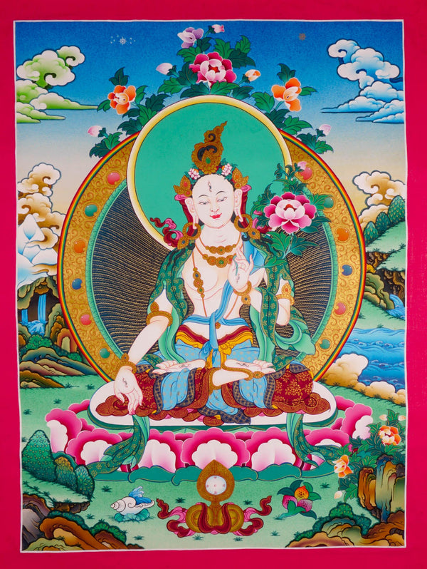 White Tara Tibetan Buddha art small size thangka for gifts, home , meditation or altar space.