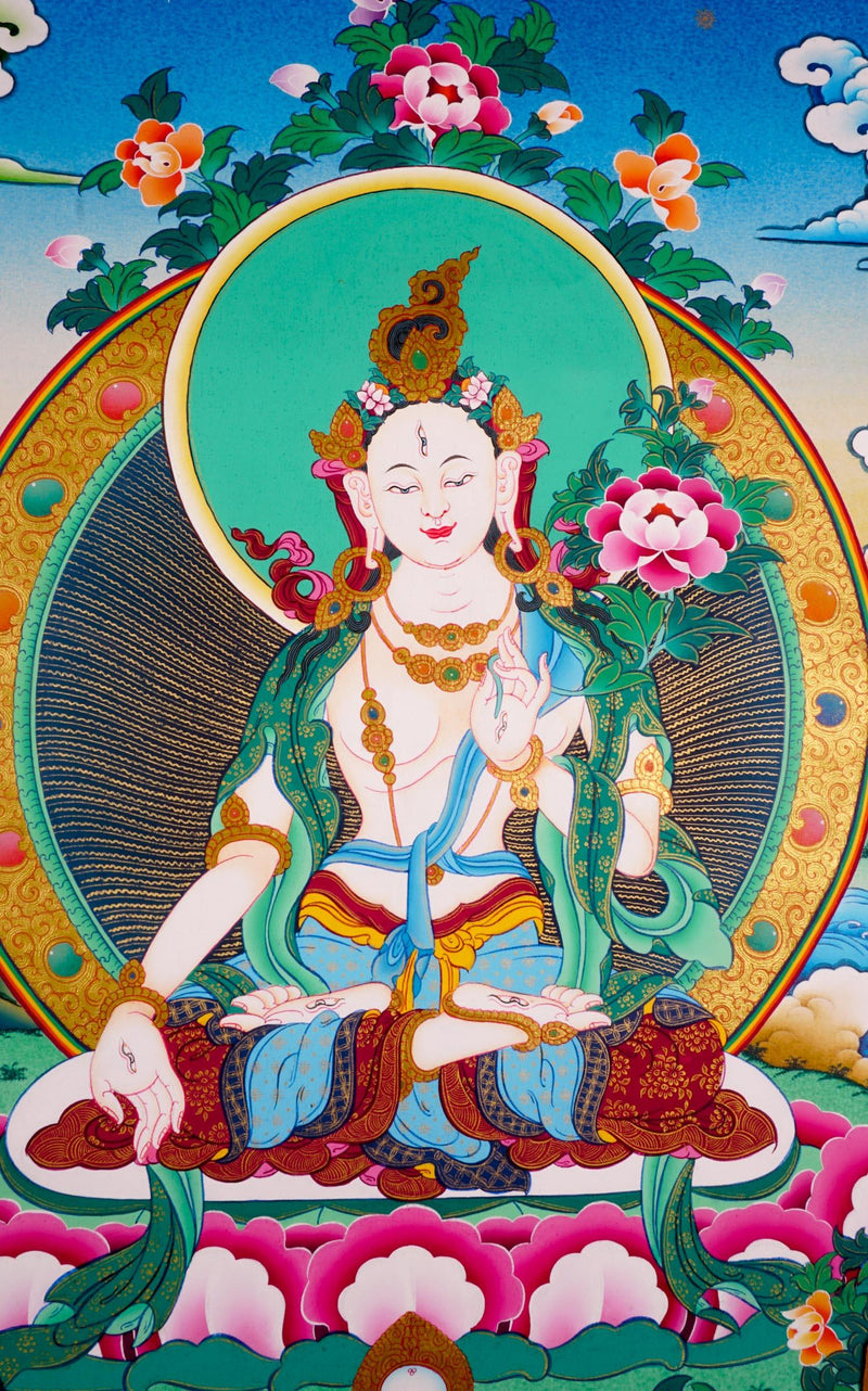 White Tara Tibetan Buddha art small size thangka for gifts, home , meditation or altar space.