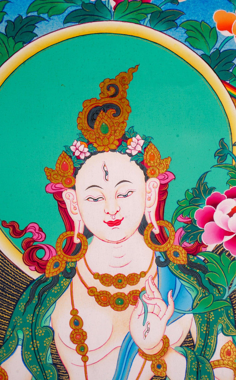 White Tara Tibetan Buddha art small size thangka for gifts, home , meditation or altar space.