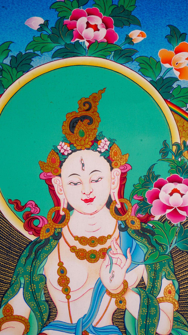White Tara Tibetan Buddha art small size thangka for gifts, home , meditation or altar space.