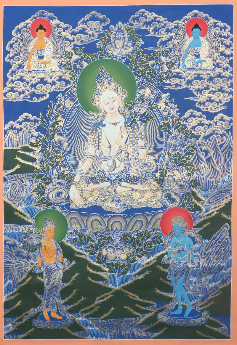 White Tara Thangka Painting - Painted by skillful artisan using only nature stone color - Himalayas Shop