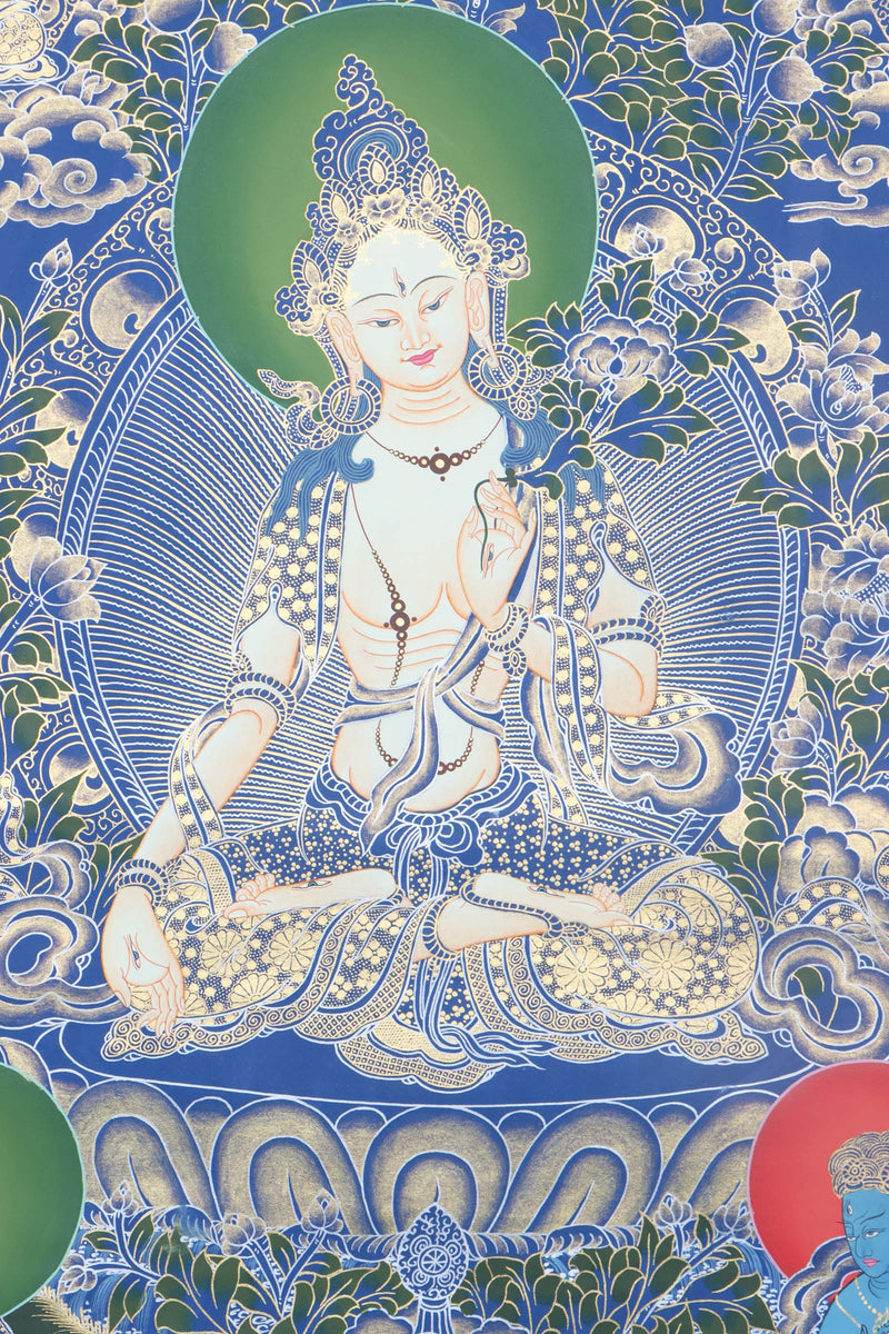 White Tara Thangka Painting - Painted by skillful artisan using only nature stone color - Himalayas Shop