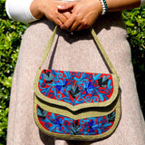 Beautiful hand embroidered crossbody bag with bright and multi-colour embroidered floral patterns.