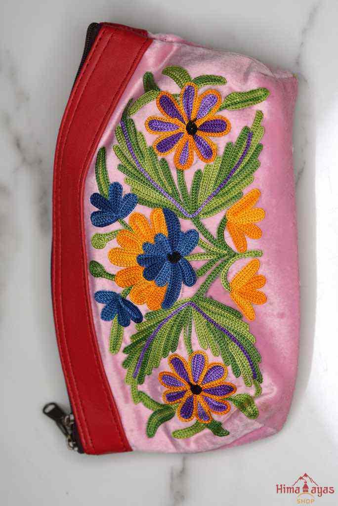 Beautiful Cashmere design pouch made with hand-embroidery design with a very fine embellishment that involves elaborate and intricate floral motifs. 