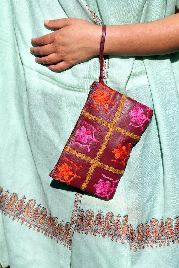 Beautiful handmade wristlet purse with Kashmiri embroidery for everyday use.