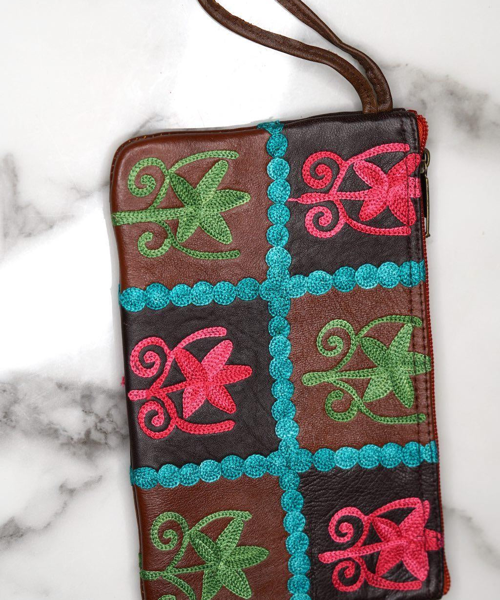 Everyday purse with beautiful handmade cashmere embroidery,  boho style wristlet purse.