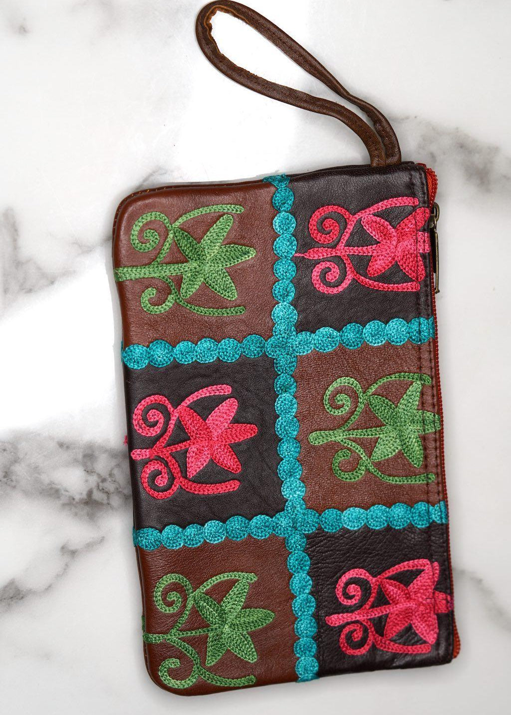 Everyday purse with beautiful handmade cashmere embroidery,  boho style wristlet purse.