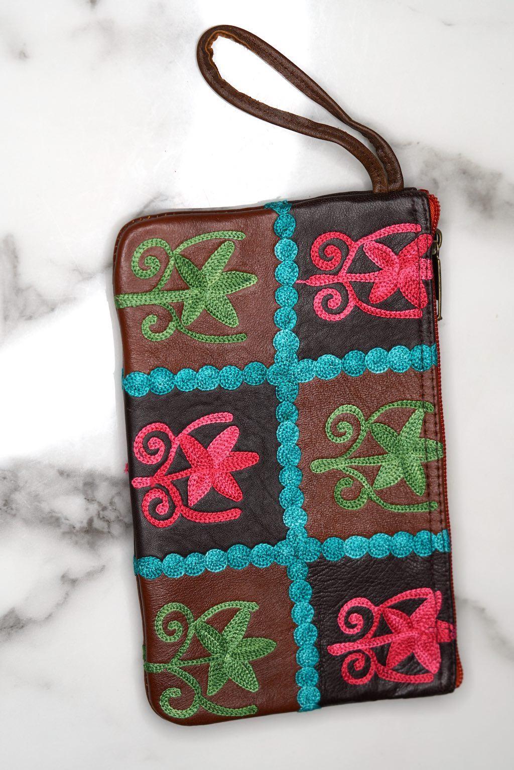Everyday purse with beautiful handmade cashmere embroidery,  boho style wristlet purse.