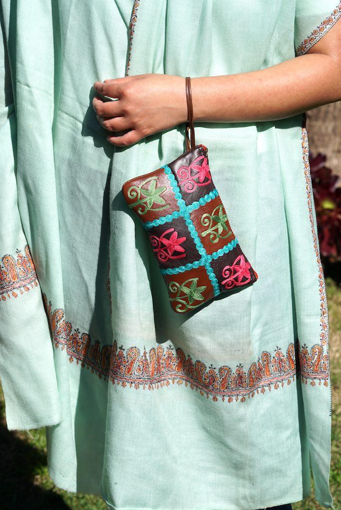 Everyday purse with beautiful handmade cashmere embroidery,  boho style wristlet purse.