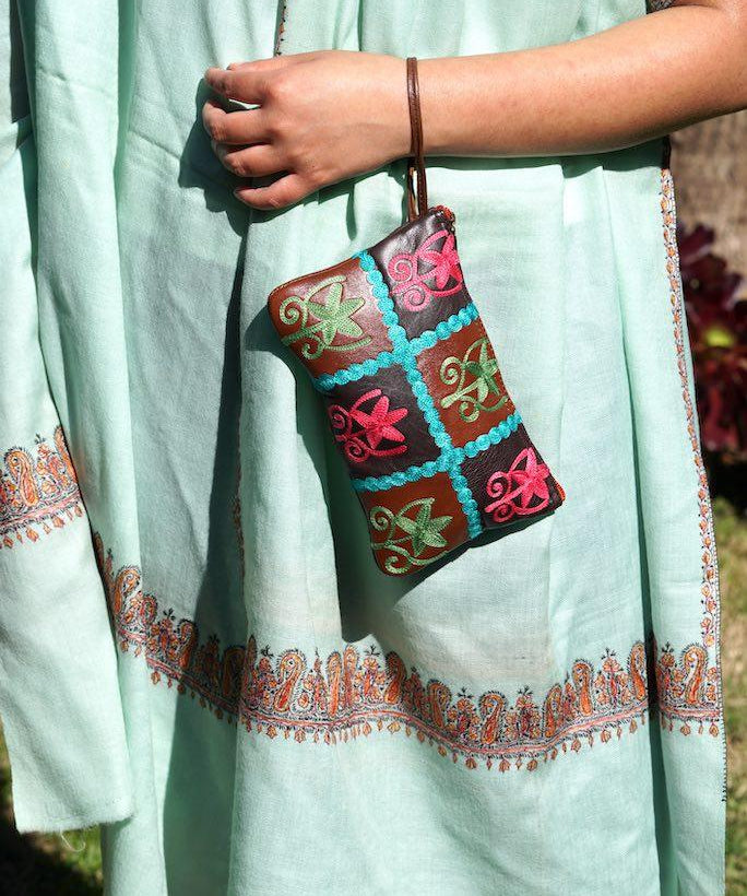 Everyday purse with beautiful handmade cashmere embroidery,  boho style wristlet purse.