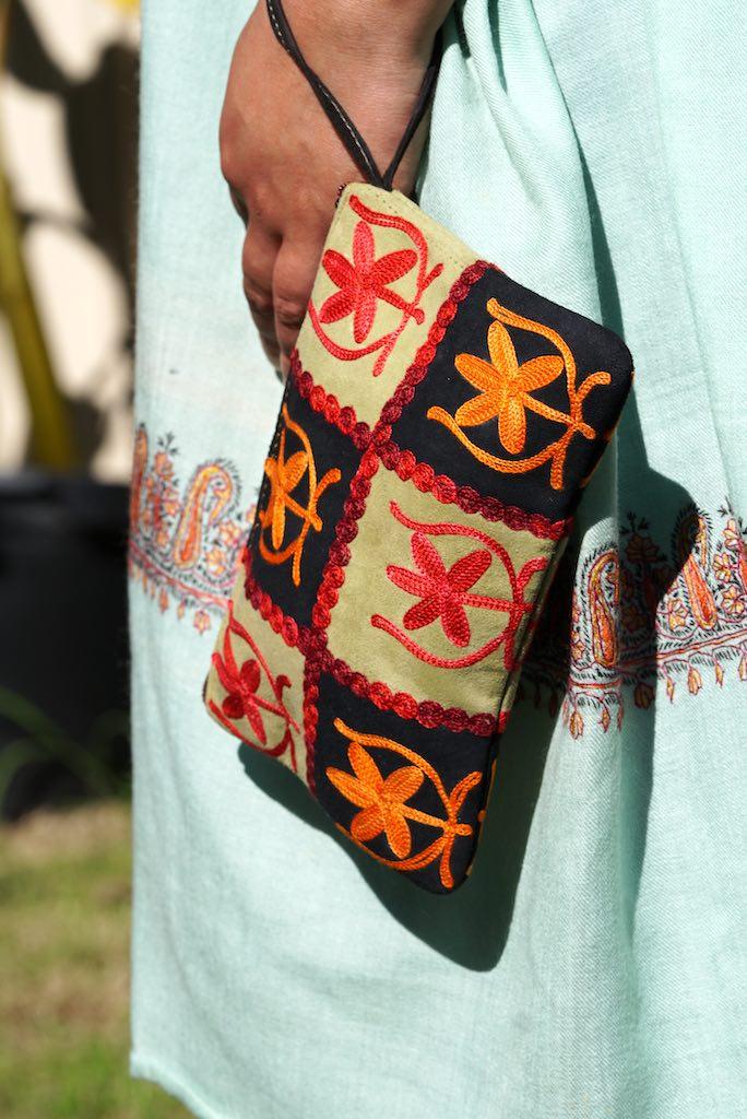 Everyday purse with beautiful handmade cashmere embroidery,  boho style wristlet purse.
