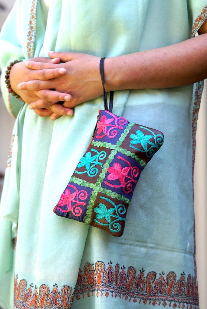 Everyday purse with beautiful handmade cashmere embroidery,  boho style wristlet purse.