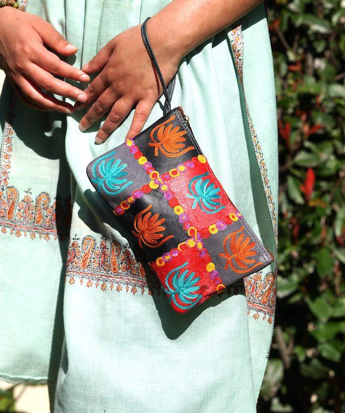 A stylist wristlet women purse for everyday use, handmade and kashmiri embroidery design for boho style. 