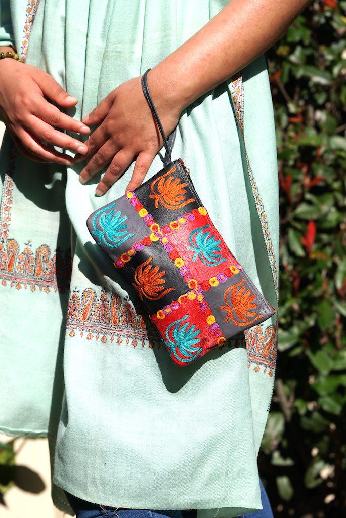 A stylist wristlet women purse for everyday use, handmade and kashmiri embroidery design for boho style. 