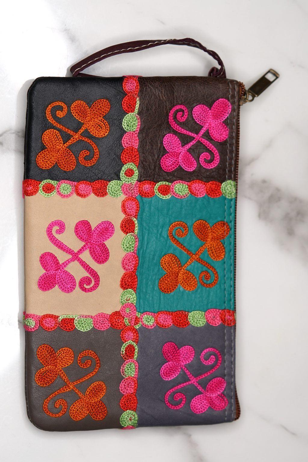 Fair trade womens purse with kashmiri design hand embroidery colorful purse.