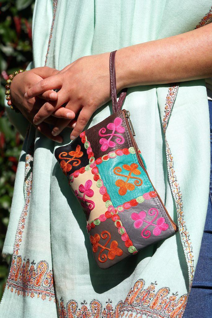 Fair trade womens purse with kashmiri design hand embroidery colorful purse.