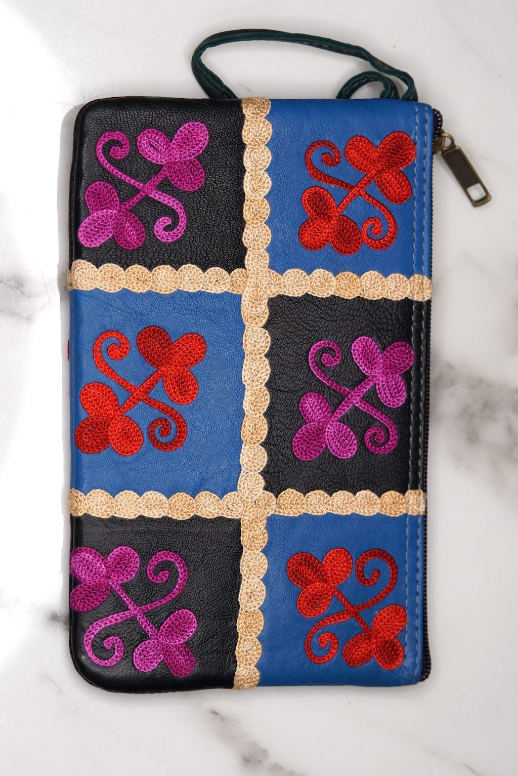 Fair trade womens purse with kashmiri design hand embroidery colorful purse.