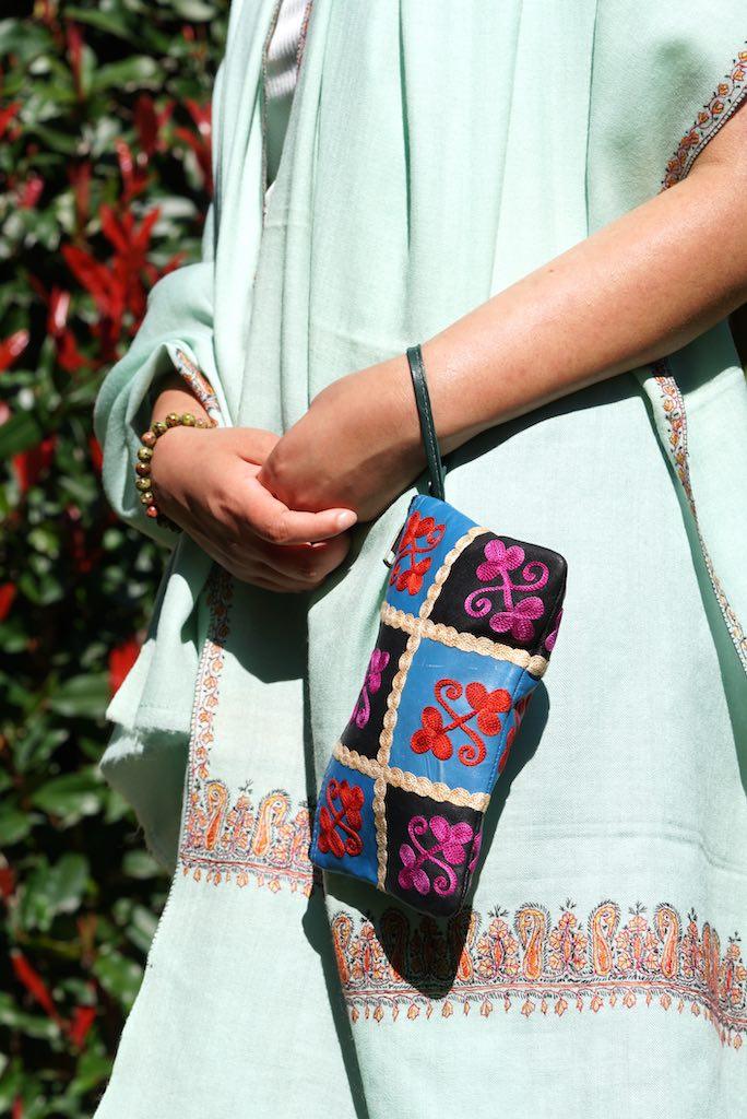 Fair trade womens purse with kashmiri design hand embroidery colorful purse.