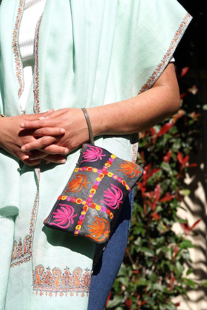 A stylist wristlet women purse for everyday use, handmade and kashmiri embroidery design for boho style. 