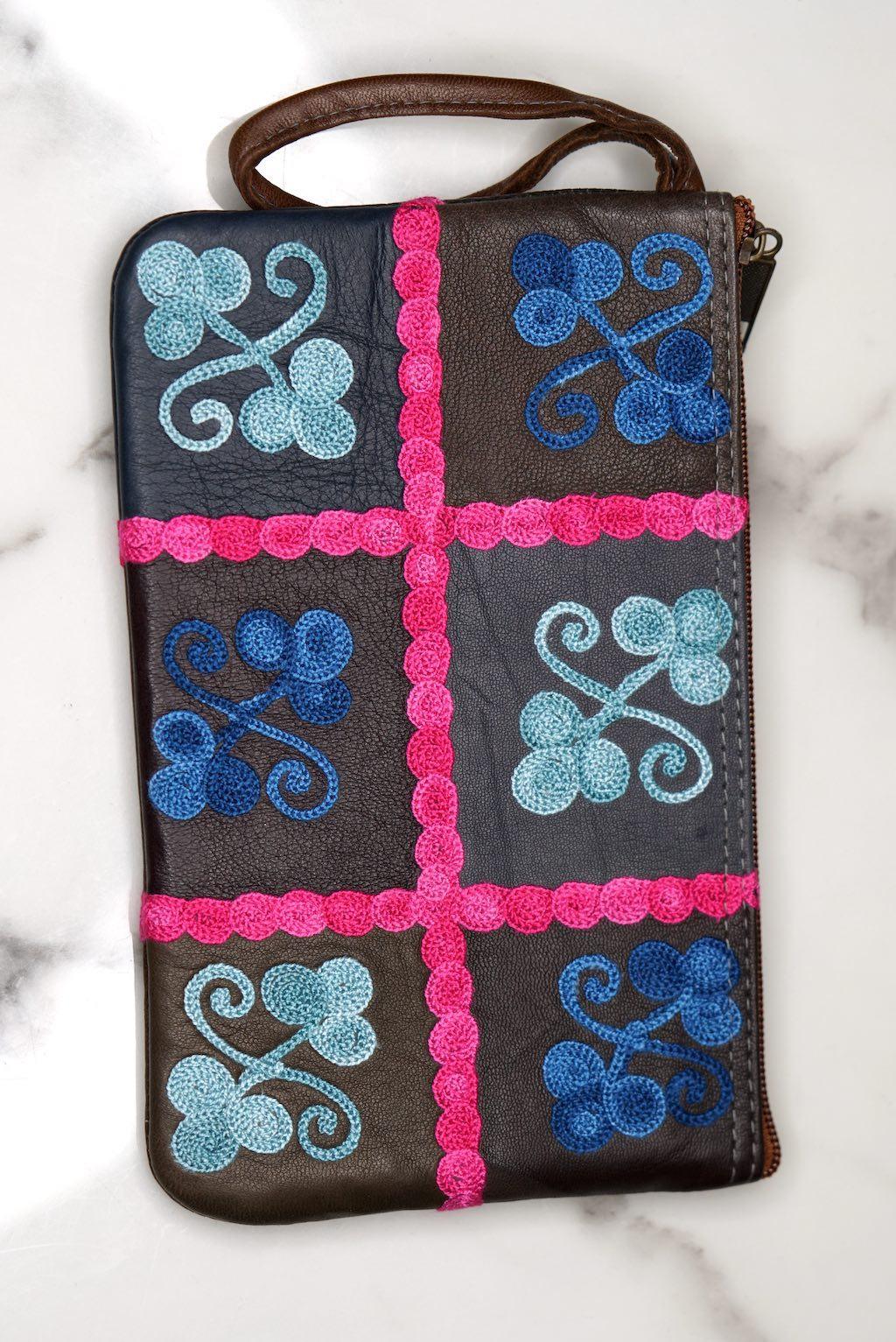 Fair trade womens purse with kashmiri design hand embroidery colorful purse.