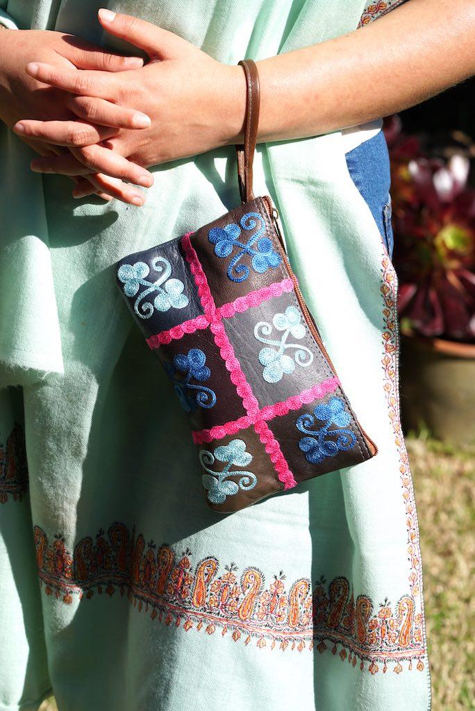 Fair trade womens purse with kashmiri design hand embroidery colorful purse.