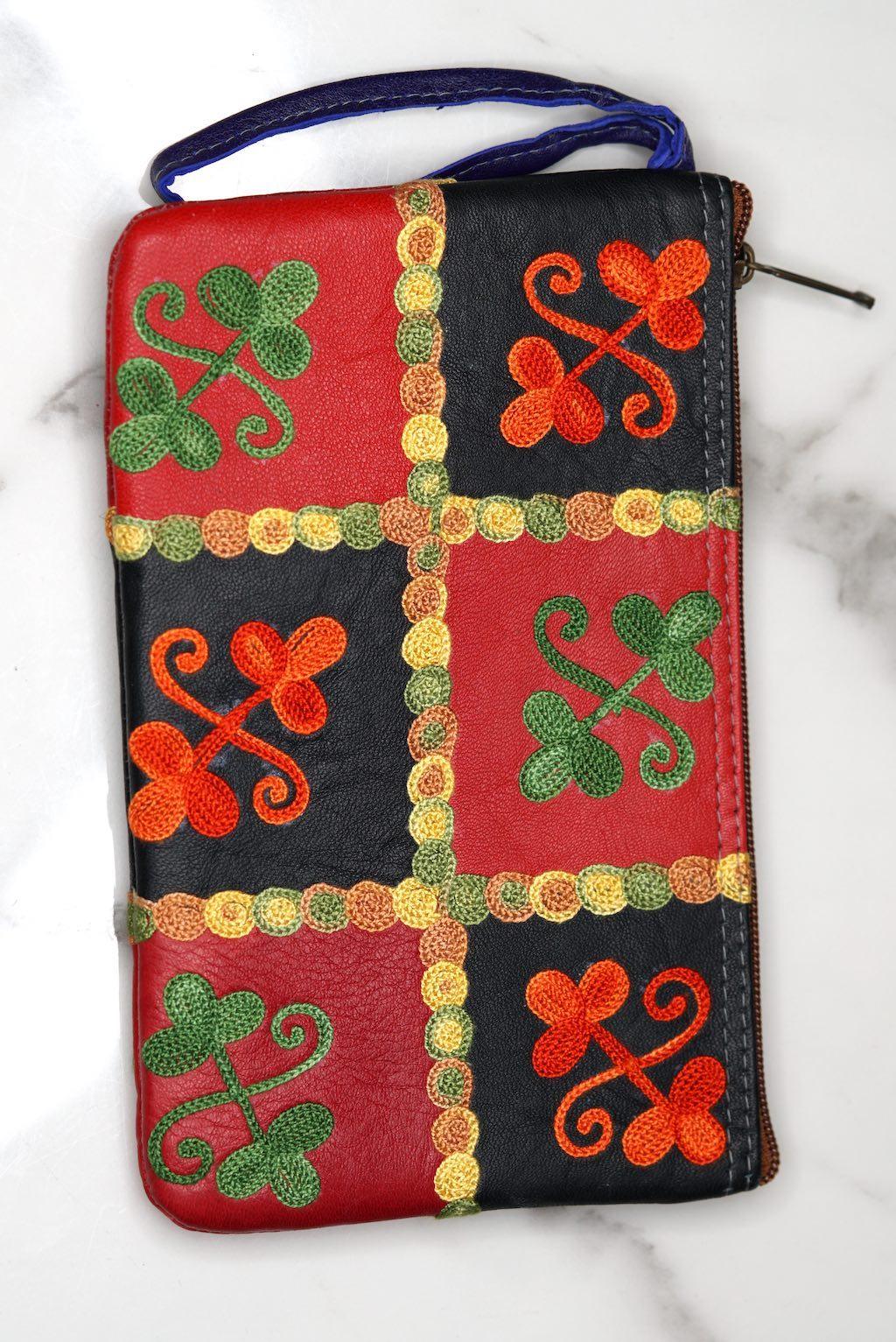 Fair trade womens purse with kashmiri design hand embroidery colorful purse.