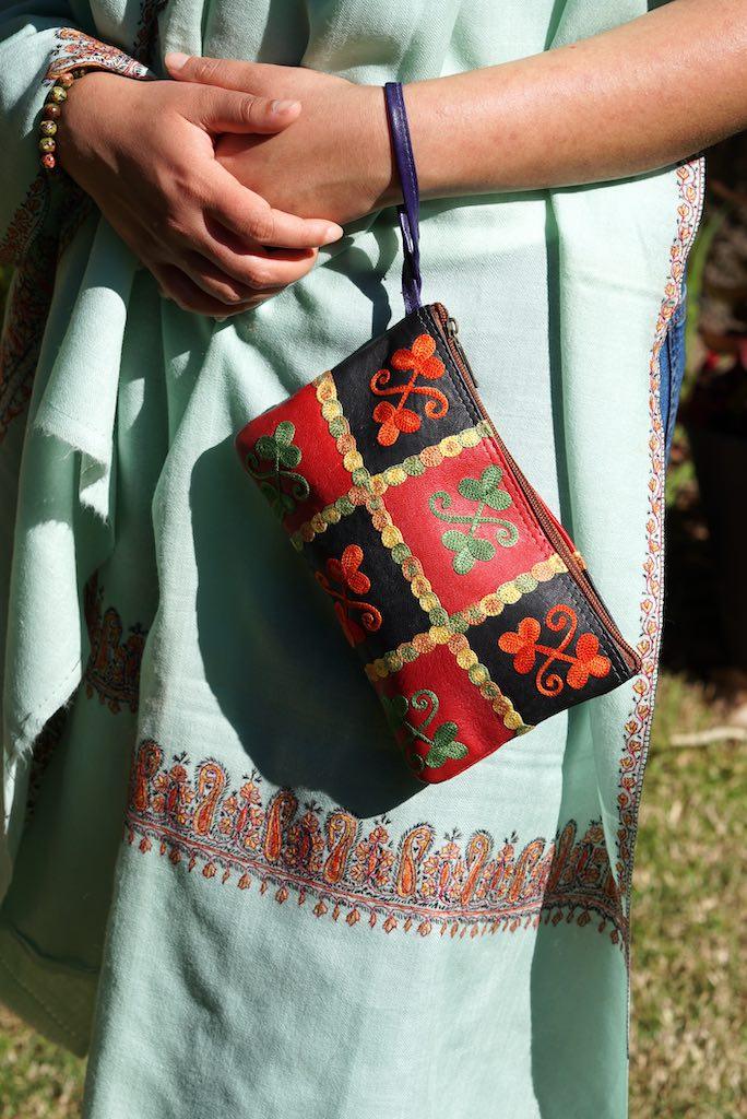 Fair trade womens purse with kashmiri design hand embroidery colorful purse.