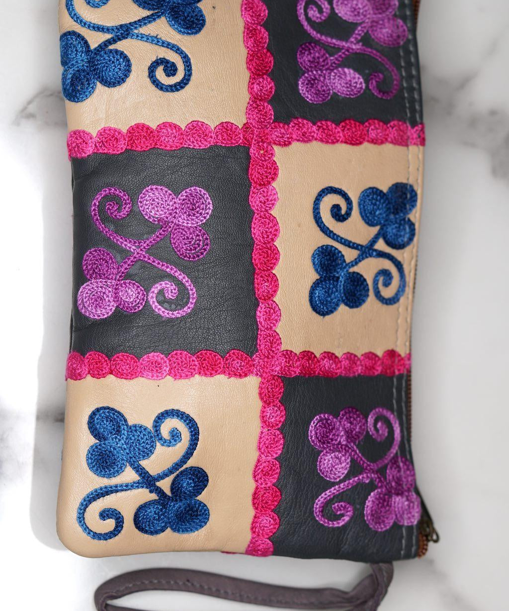 Fair trade womens purse with kashmiri design hand embroidery colorful purse.