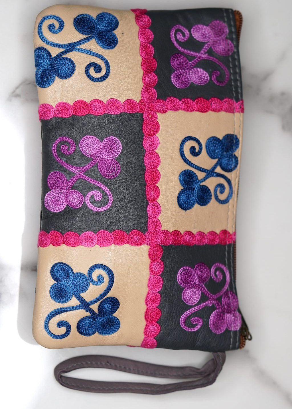 Fair trade womens purse with kashmiri design hand embroidery colorful purse.