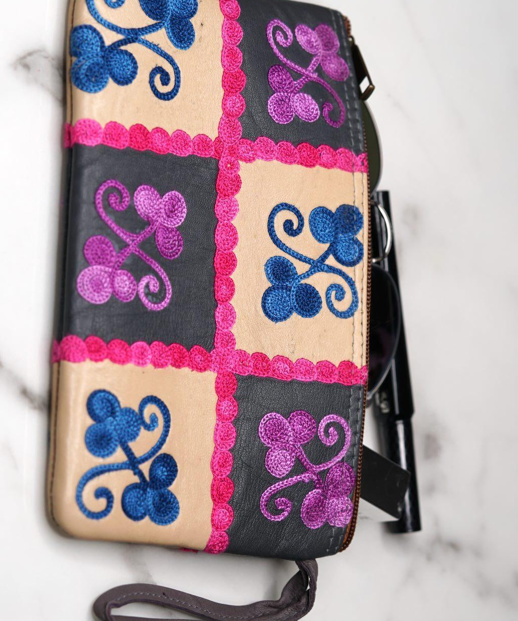 Fair trade womens purse with kashmiri design hand embroidery colorful purse.