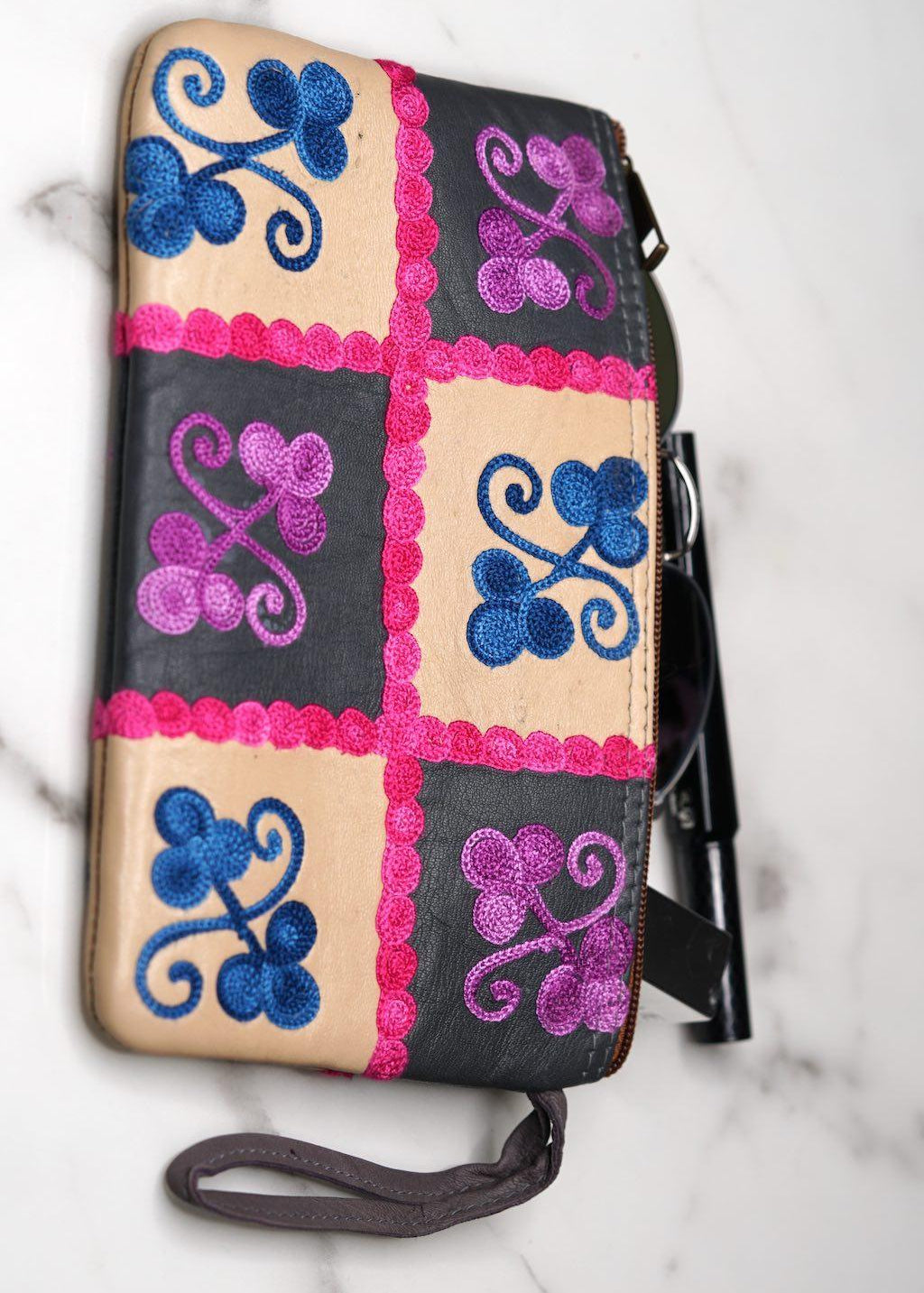 Fair trade womens purse with kashmiri design hand embroidery colorful purse.