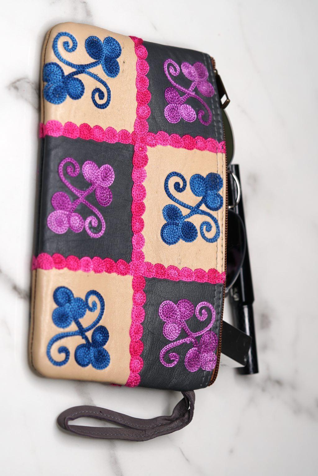 Fair trade womens purse with kashmiri design hand embroidery colorful purse.