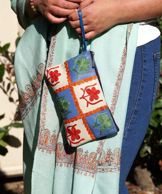 Beautiful handmade wristlet purse with Kashmiri embroidery for everyday use.