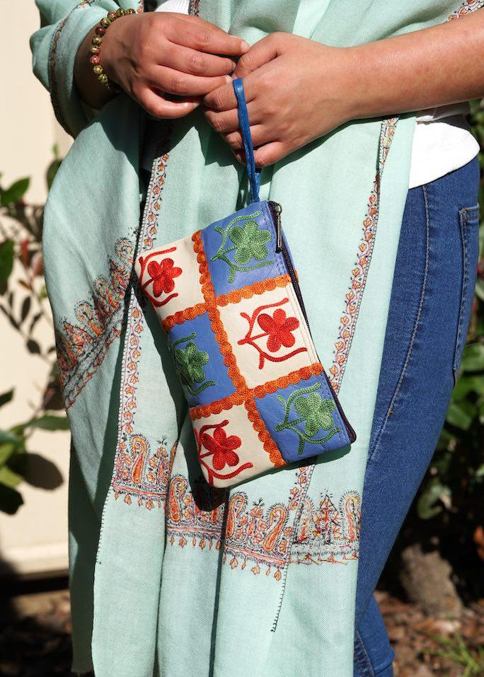 Beautiful handmade wristlet purse with Kashmiri embroidery for everyday use.