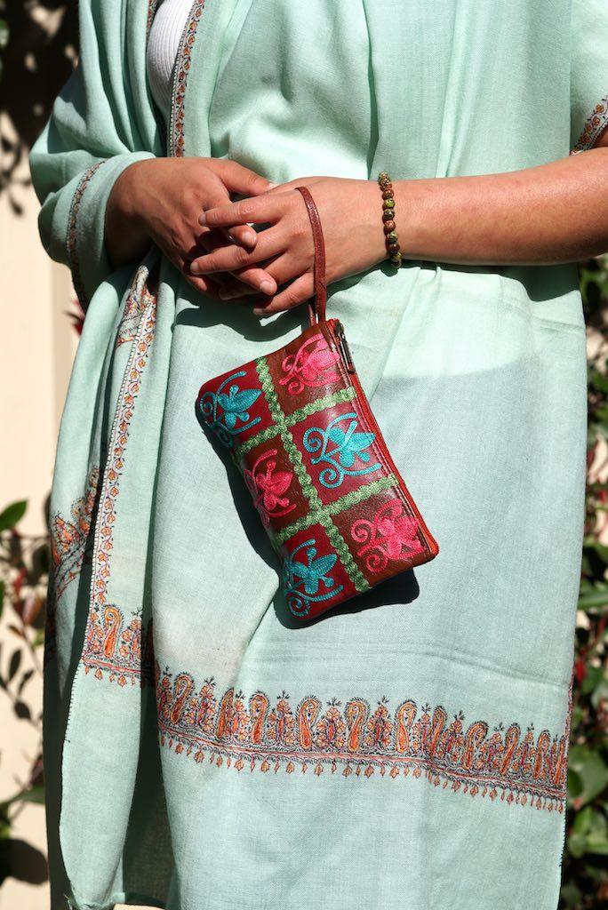 Everyday purse with beautiful handmade cashmere embroidery,  boho style wristlet purse.