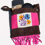 Easy to carry side bag for women, features a beautiful hand embroidered floral pattern. 