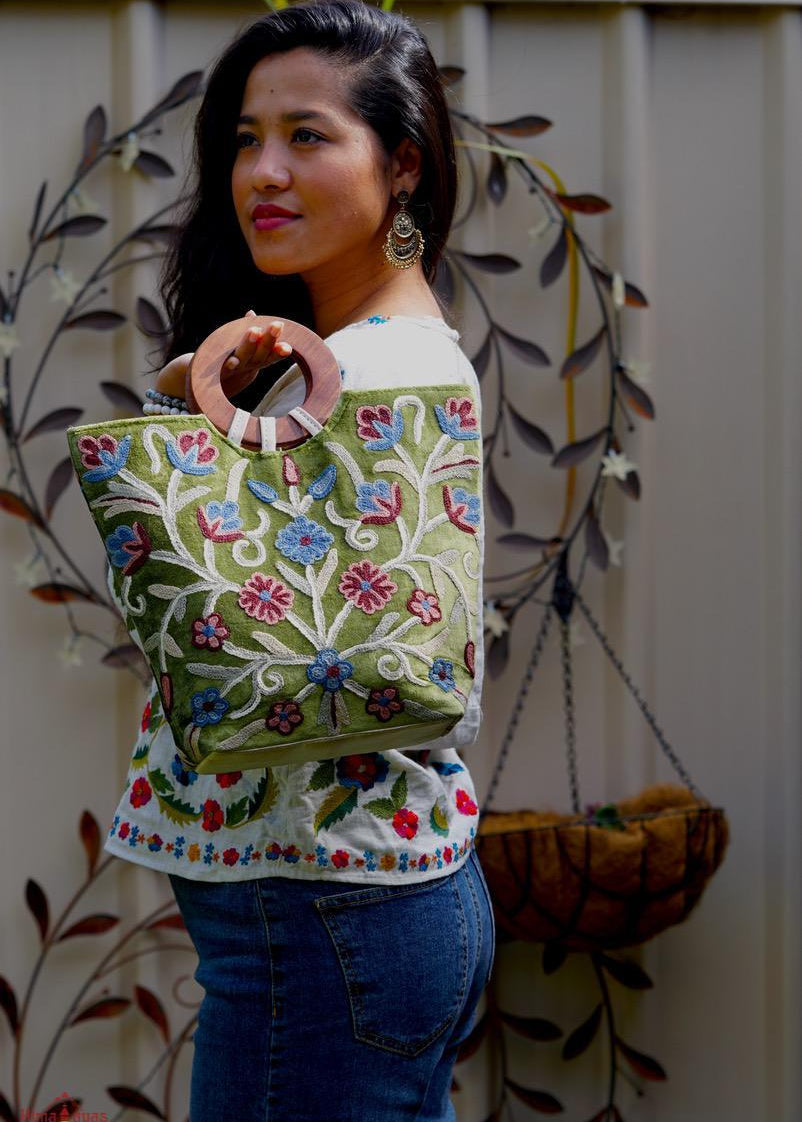 A stylist women’s Tote bag for everyday use, handmade and kashmiri embroidery design for boho style. 