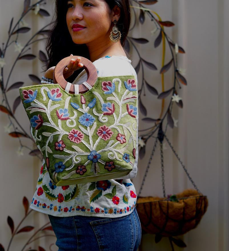 A stylist women’s Tote bag for everyday use, handmade and kashmiri embroidery design for boho style. 