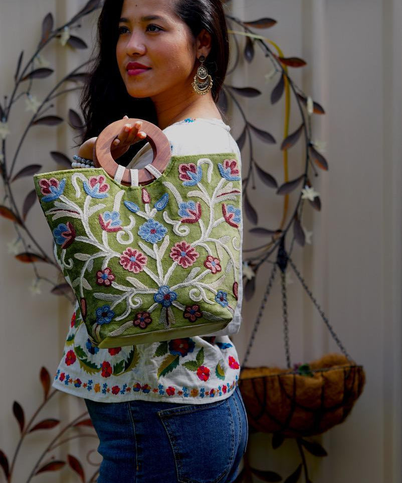 A stylist women’s Tote bag for everyday use, handmade and kashmiri embroidery design for boho style. 