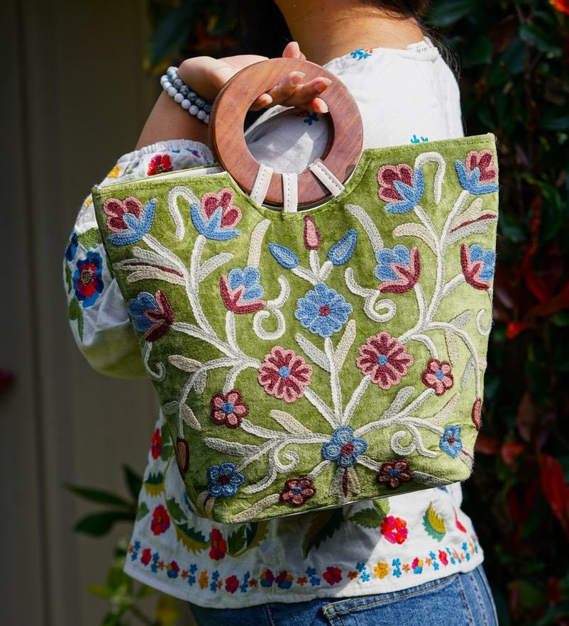 A stylist women’s Tote bag for everyday use, handmade and kashmiri embroidery design for boho style. 