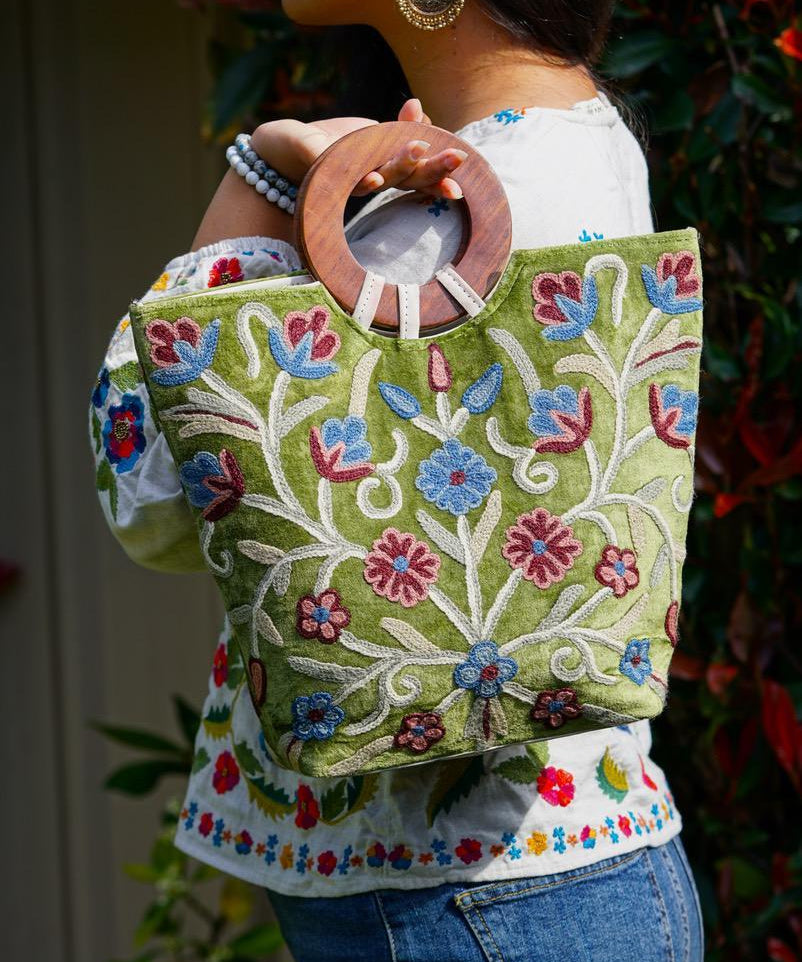 A stylist women’s Tote bag for everyday use, handmade and kashmiri embroidery design for boho style. 