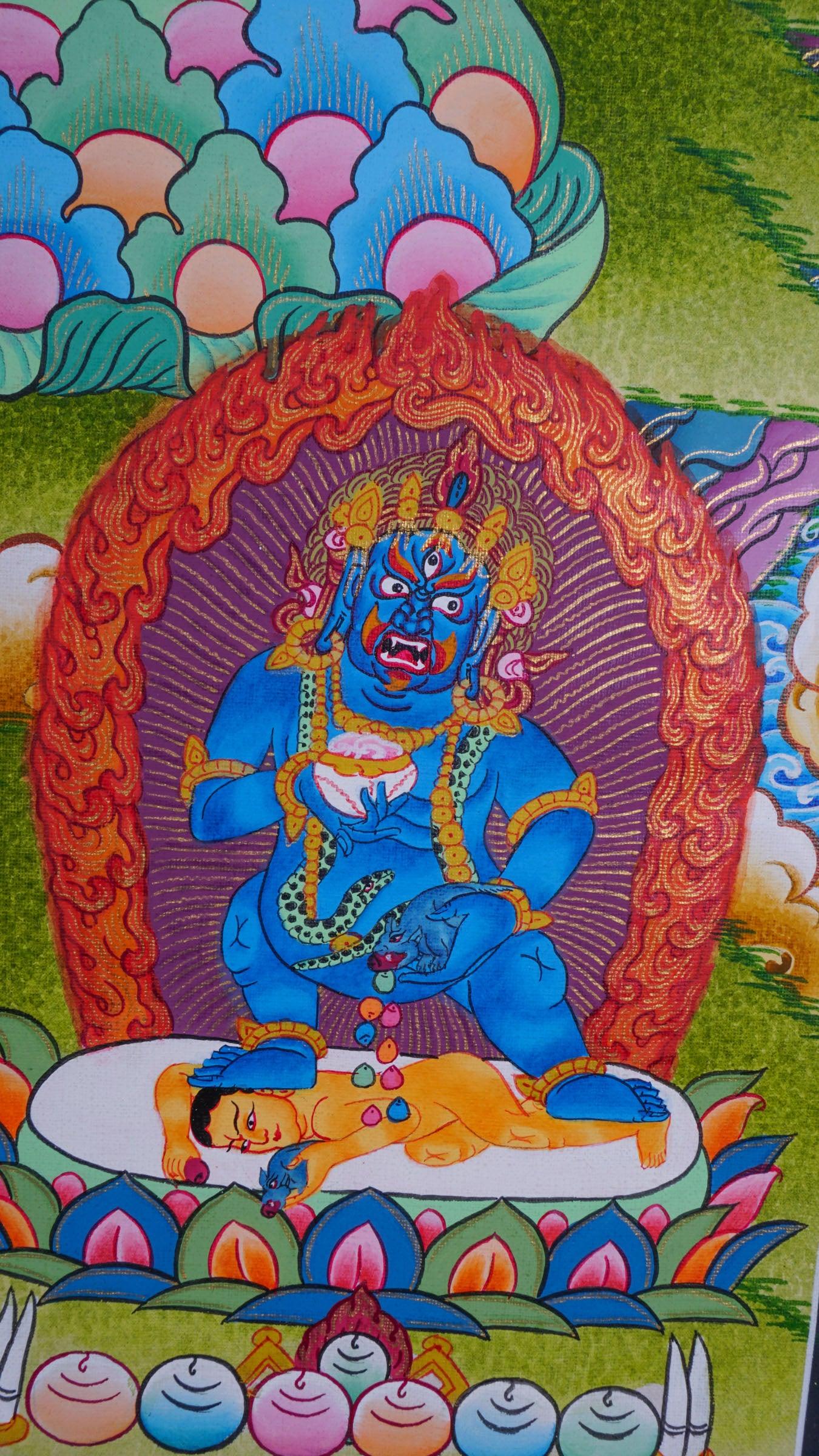 Five Dzambhala Thangka Five Dzambhala Tibetan Thangka painting of god of wealth with furious anger yellow face 
