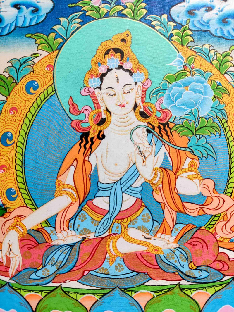 Tibetan style White Tara  with 5 Eyes on hands, feet and third eye shows her symbolises her compassion to see the suffering of the world