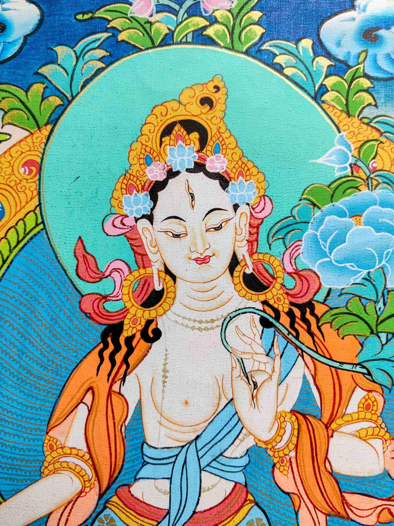 White Tara on blue lotus Thangka painting handmade
