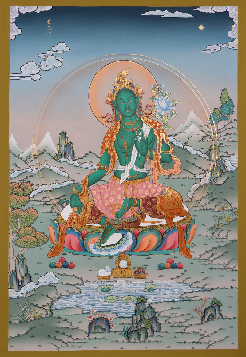 Green Tara Thangka Painting - Best handpainted thangka - Spiritual Practices & Healing - Himalyas Shop 