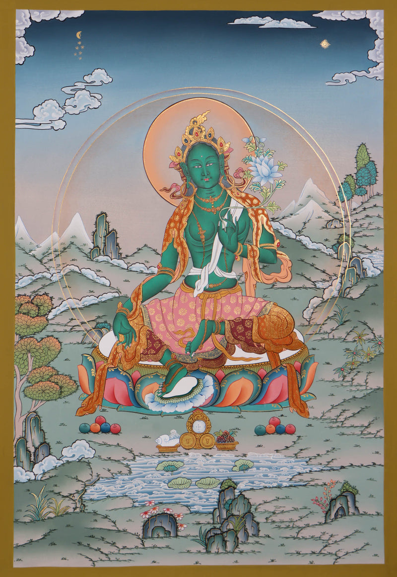 Green Tara Thangka Painting - Best handpainted thangka - Spiritual Practices & Healing - Himalyas Shop 