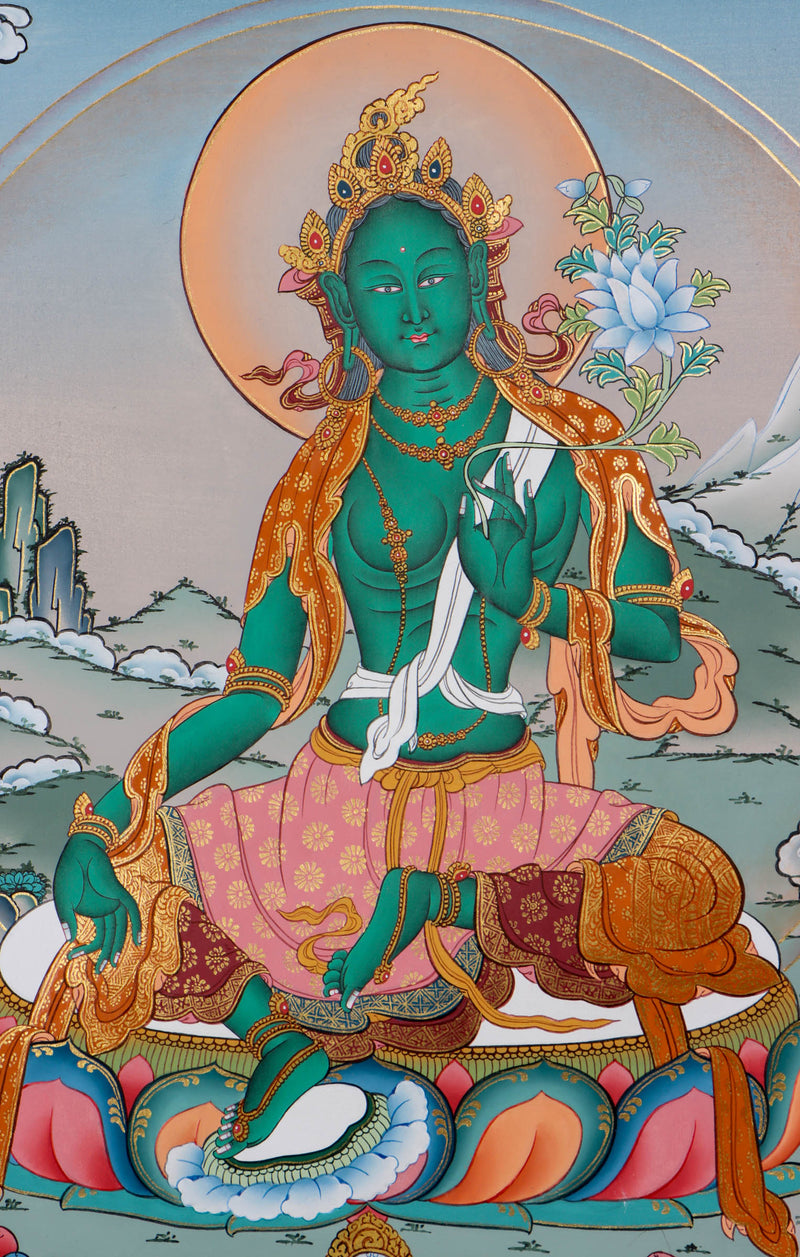 Green Tara Thangka Painting - Best handpainted thangka - Spiritual Practices & Healing - Himalyas Shop 