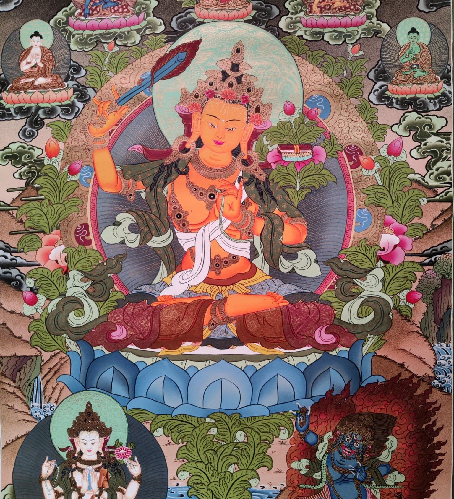 Hand-made Pancha Buddha and Manjushri Thangka Art