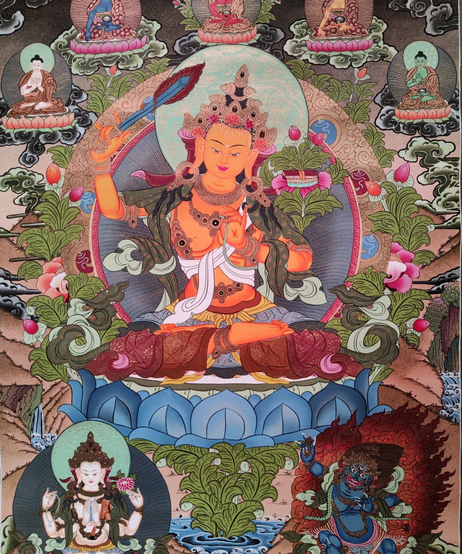 Hand-made Pancha Buddha and Manjushri Thangka Art