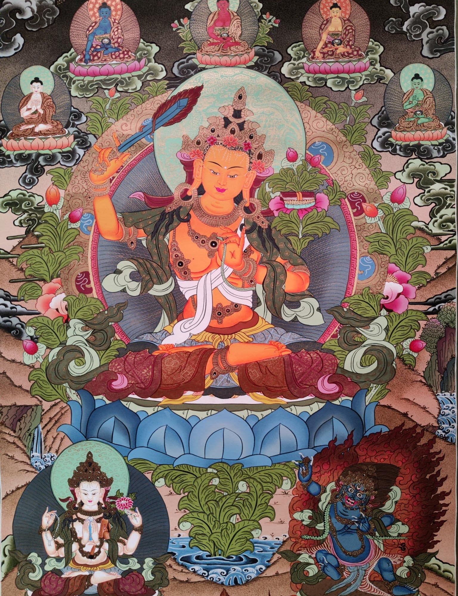Hand-made Pancha Buddha and Manjushri Thangka Art